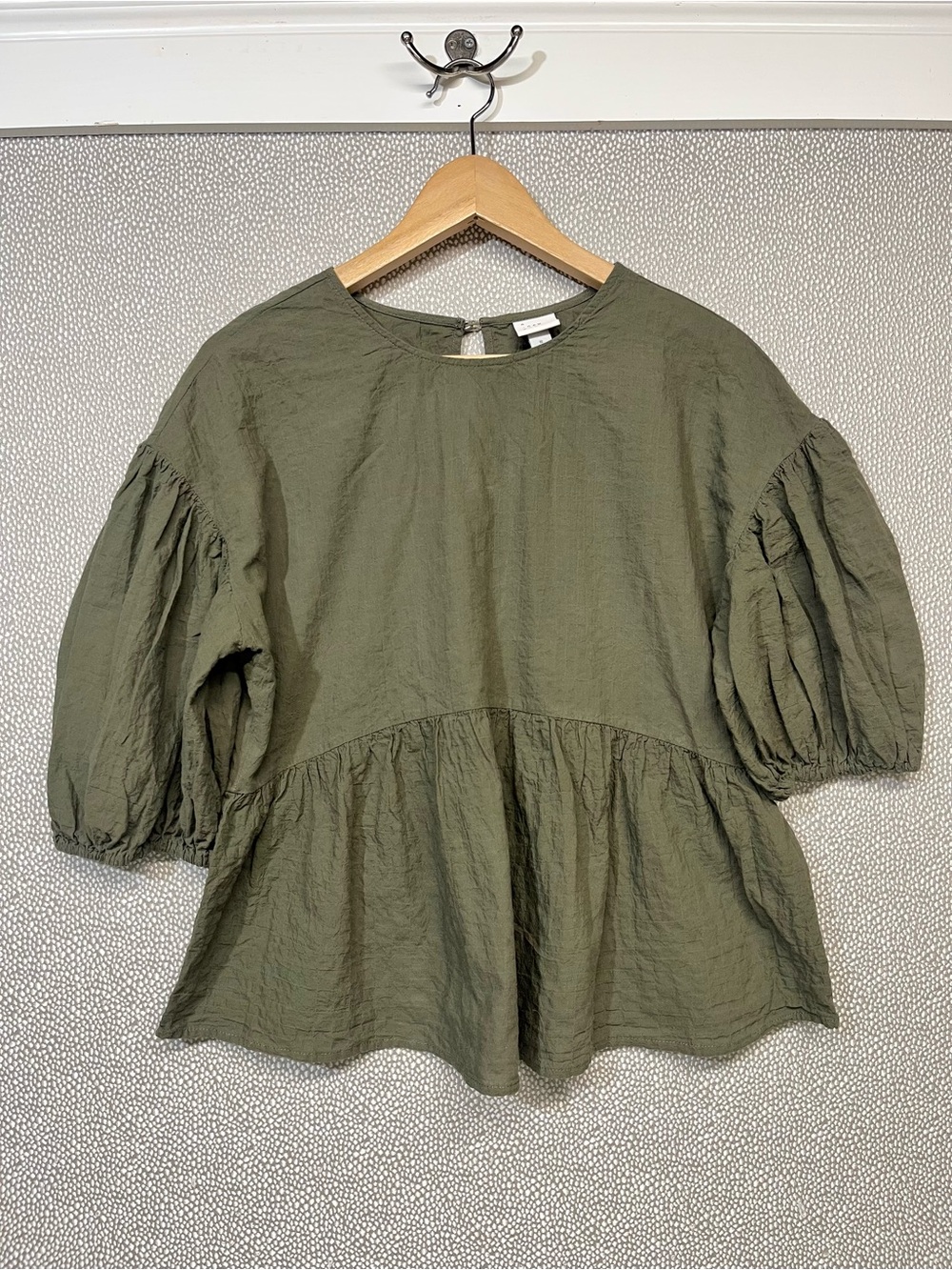 S A New Day Olive Green Peplum Puff-Sleeve Top